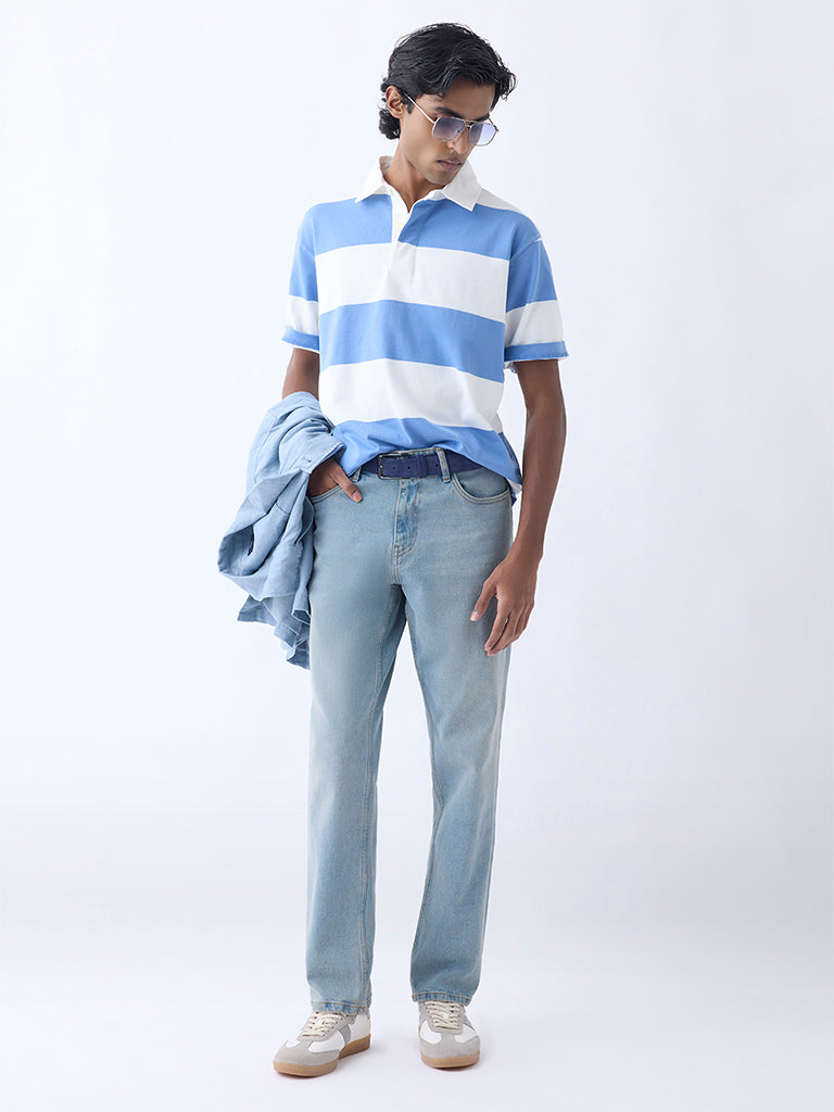 WES Casuals Blue Relaxed-Fit Cotton-Blend Polo T-Shirt