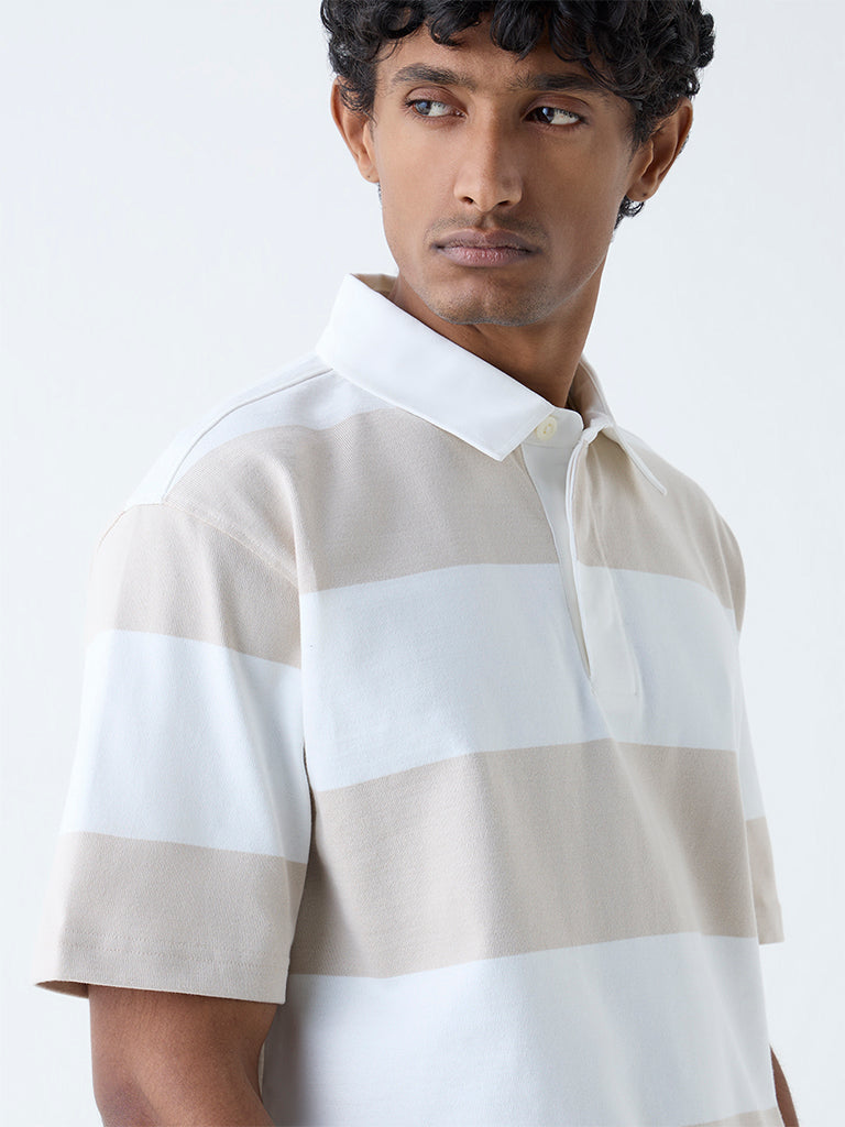WES Casuals Beige Stripes Relaxed-Fit Cotton-Blend Polo T-Shirt