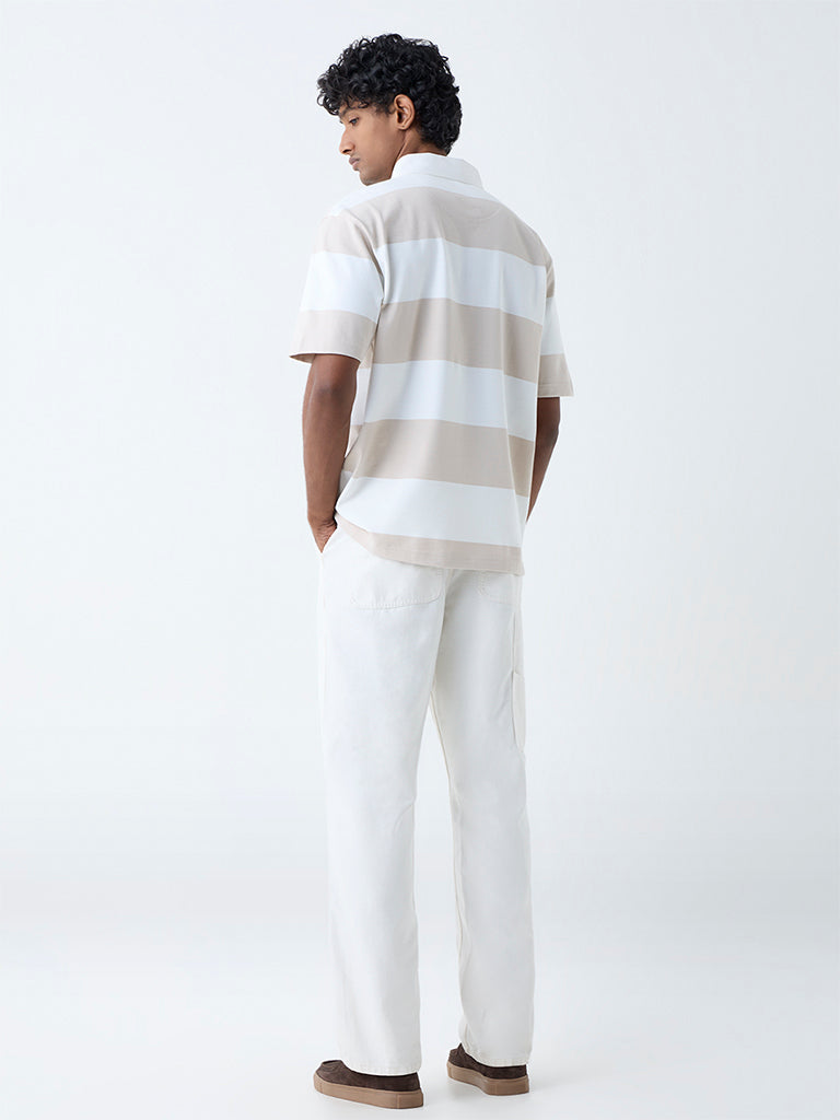 WES Casuals Beige Stripes Relaxed-Fit Cotton-Blend Polo T-Shirt