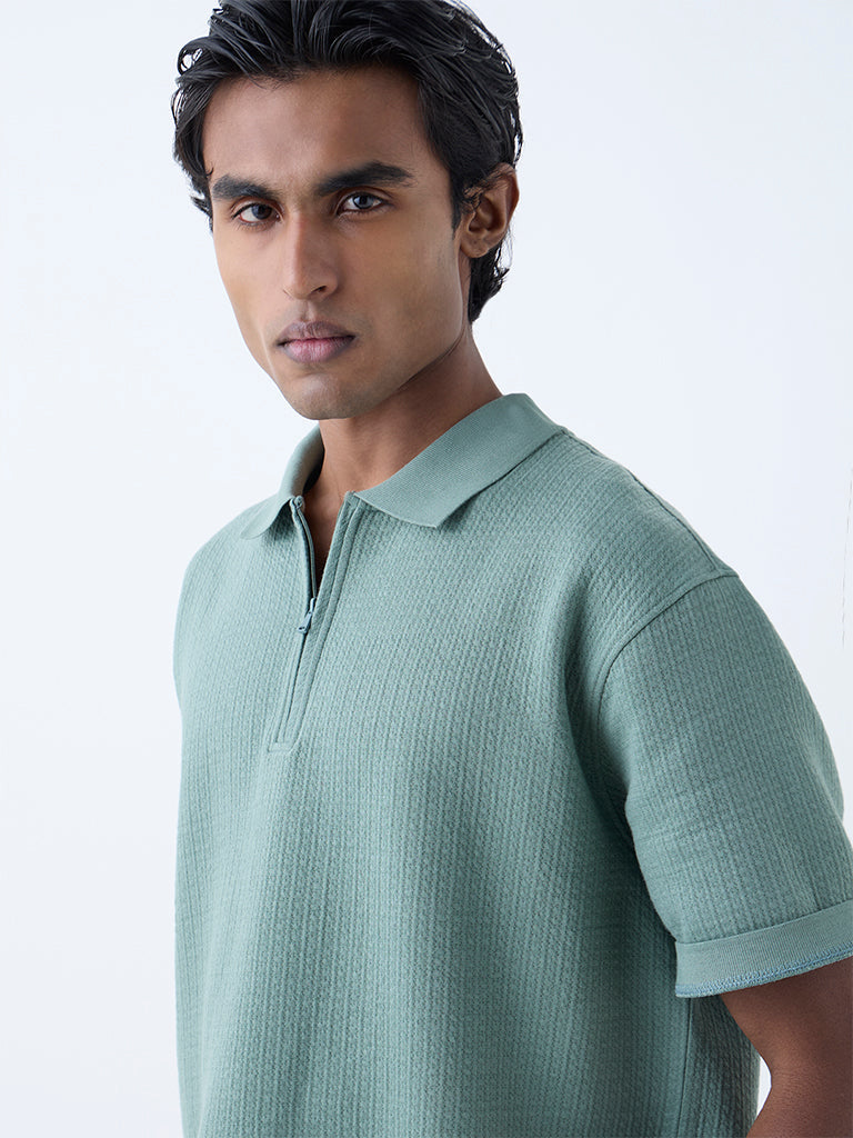 WES Casuals Sage Relaxed-Fit Quarter-Zip Cotton-Blend Polo T-Shirt