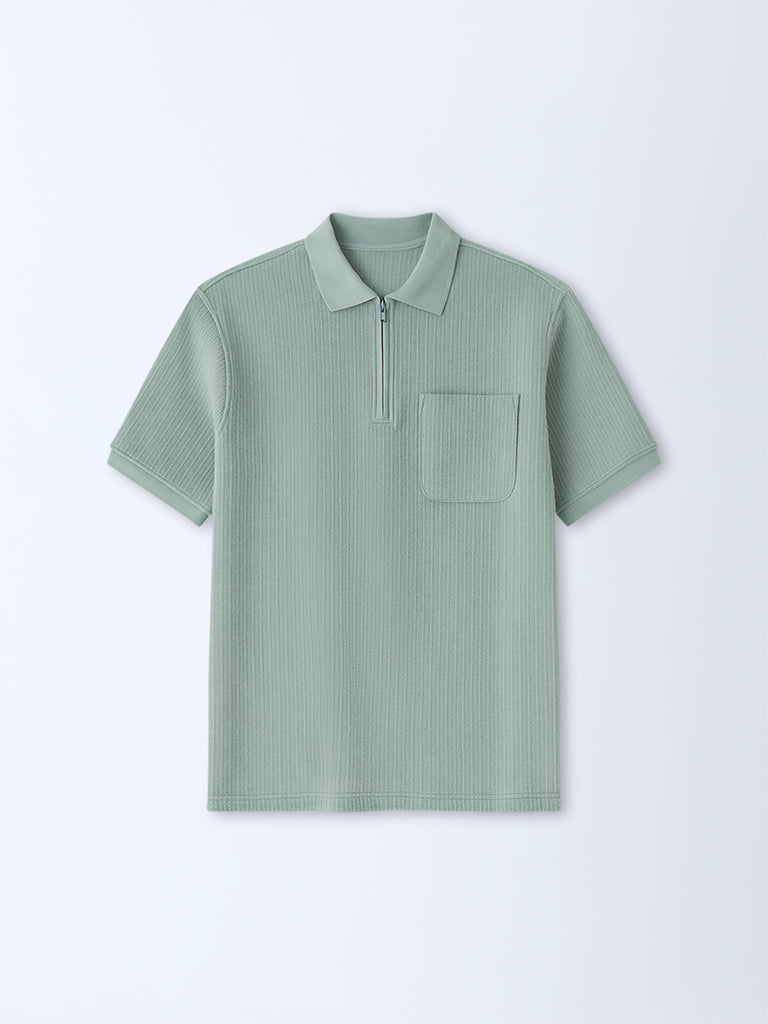 WES Casuals Sage Relaxed-Fit Quarter-Zip Cotton-Blend Polo T-Shirt
