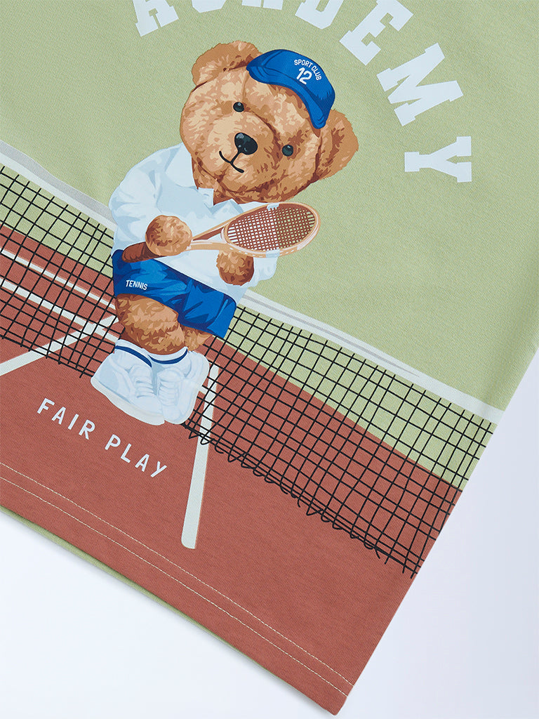HOP Kids Green Teddy Bear Printed Cotton T-Shirt