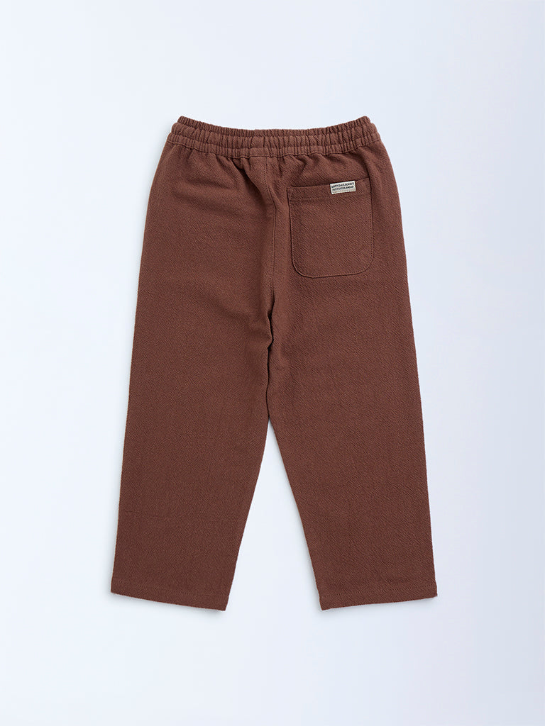 HOP Kids Brown Solid Mid-Rise Cotton Trousers
