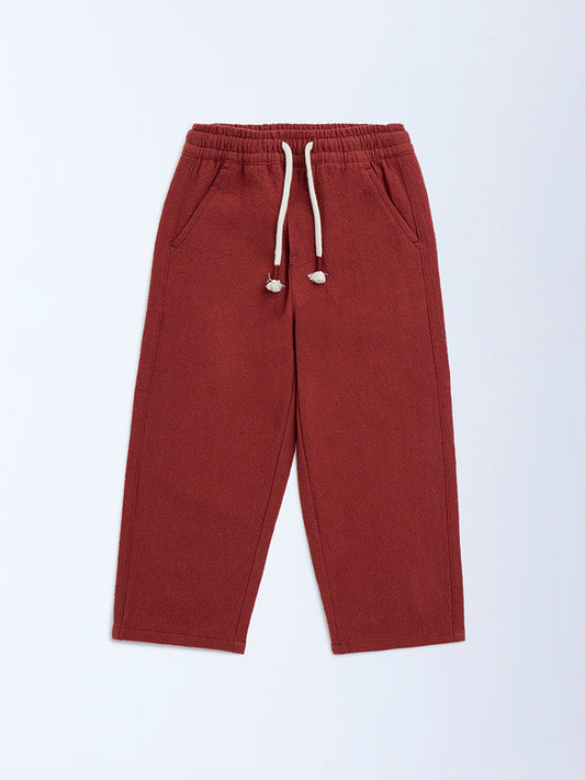 HOP Kids Rust Solid Mid-Rise Cotton Trousers