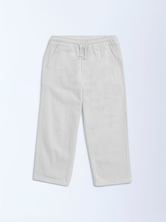 HOP Kids White Solid Mid-Rise Cotton Trousers