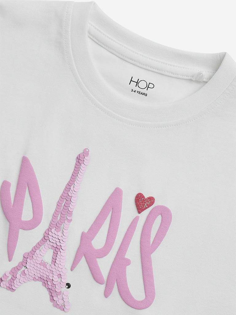 HOP Kids White Sequin Embellished Cotton T-Shirt
