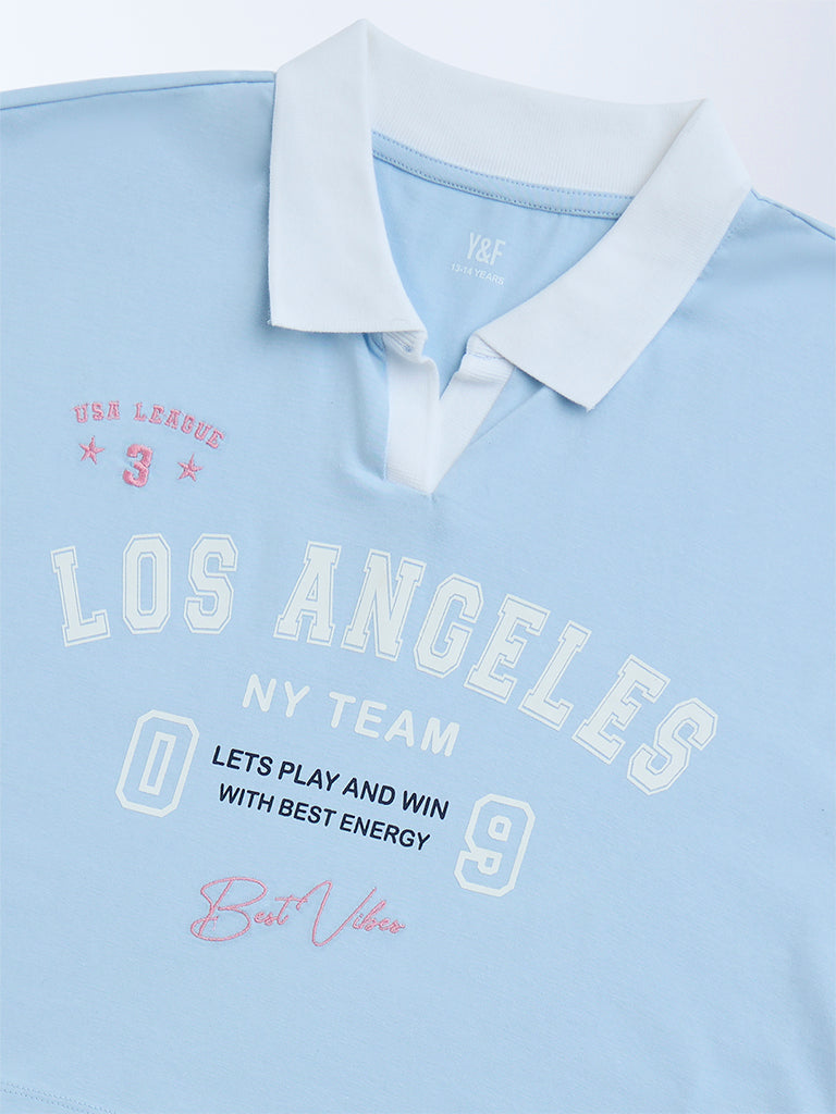 Y&F Kids Light Blue Text Pattern Cotton T-Shirt