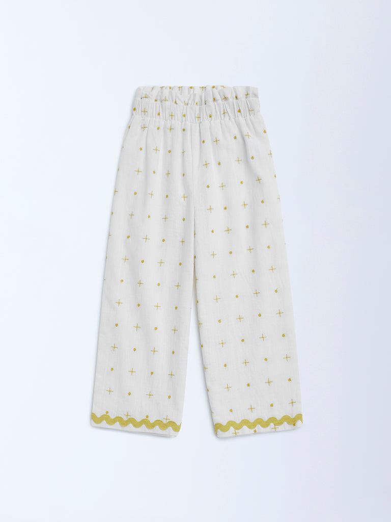 HOP Kids Off-White Embroidered High-Rise Cotton Trousers