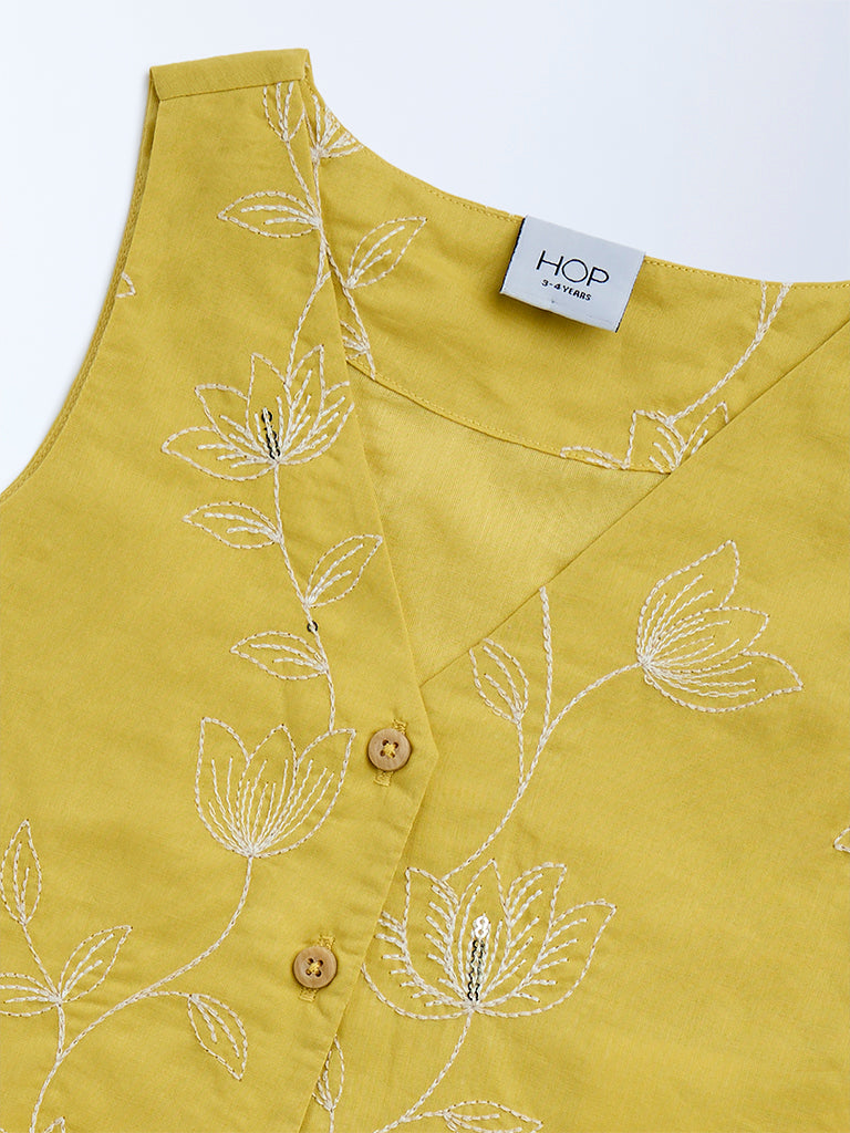 HOP Kids Mustard Floral Embroidered Cotton Vest Top