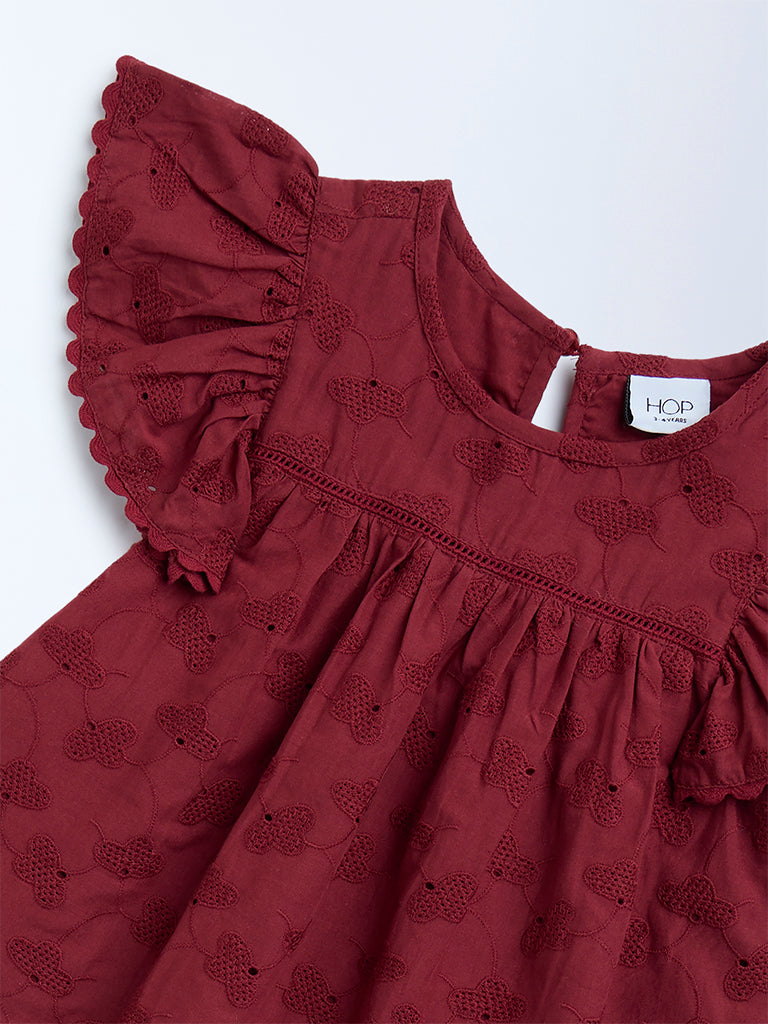 HOP Kids Wine Embroidered Cotton Top