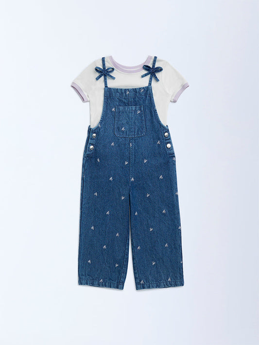 HOP Kids Blue Embroidered Denim Dungaree with T-Shirt Set