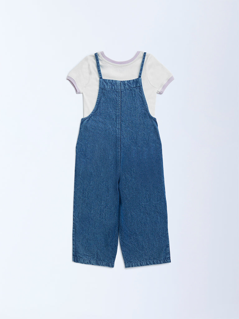 HOP Kids Blue Embroidered Denim Dungaree with T-Shirt Set