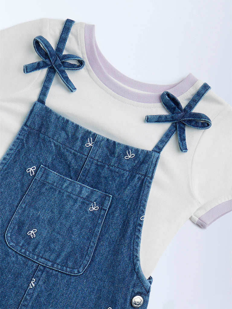 HOP Kids Blue Embroidered Denim Dungaree with T-Shirt Set