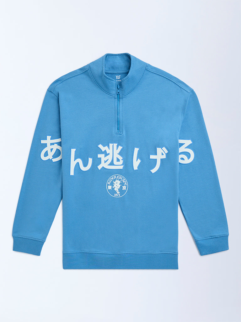 Y&F Kids Blue Cotton Three-Quarter Zip Sweatshirt