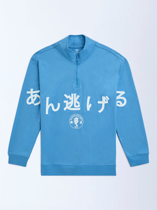 Y&F Kids Blue Cotton Three-Quarter Zip Sweatshirt