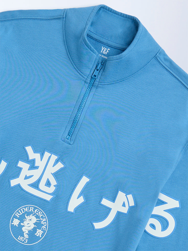 Y&F Kids Blue Cotton Three-Quarter Zip Sweatshirt