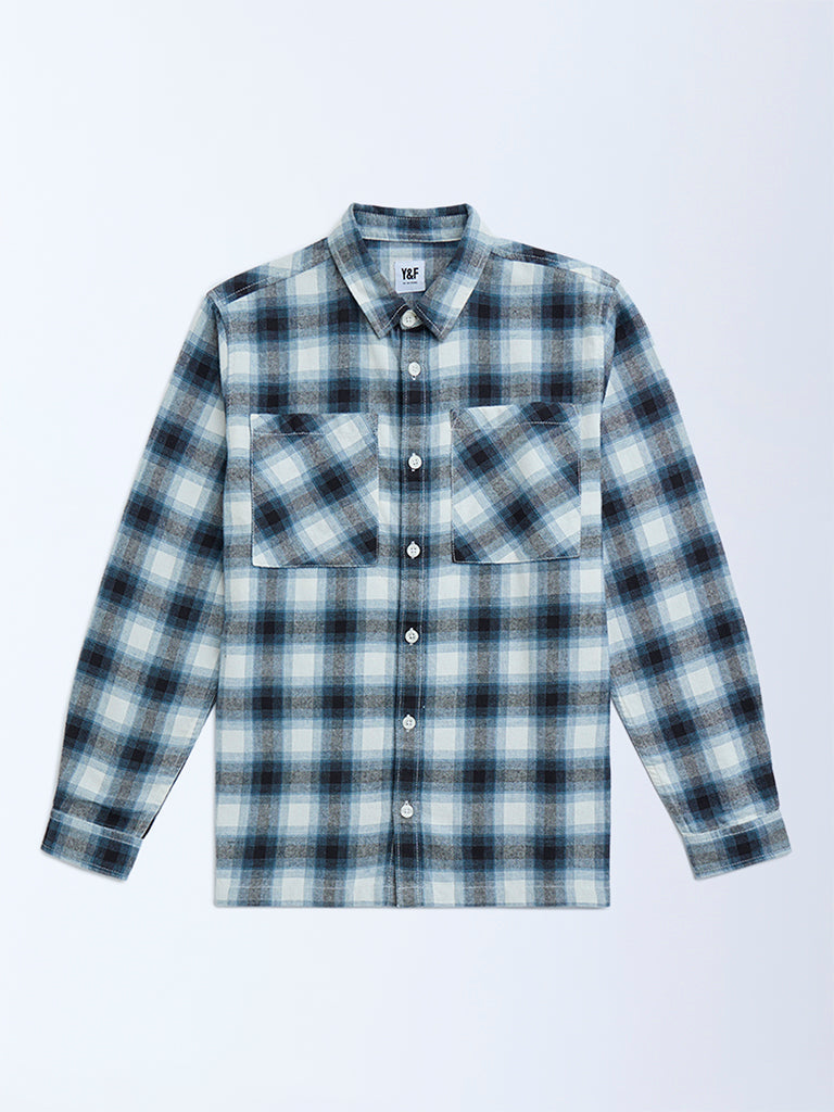 Y&F Kids Dark Blue Checkered Resort-Fit Cotton Shirt
