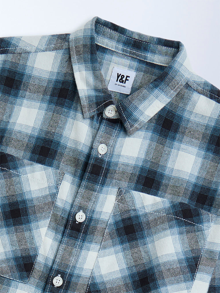 Y&F Kids Dark Blue Checkered Resort-Fit Cotton Shirt