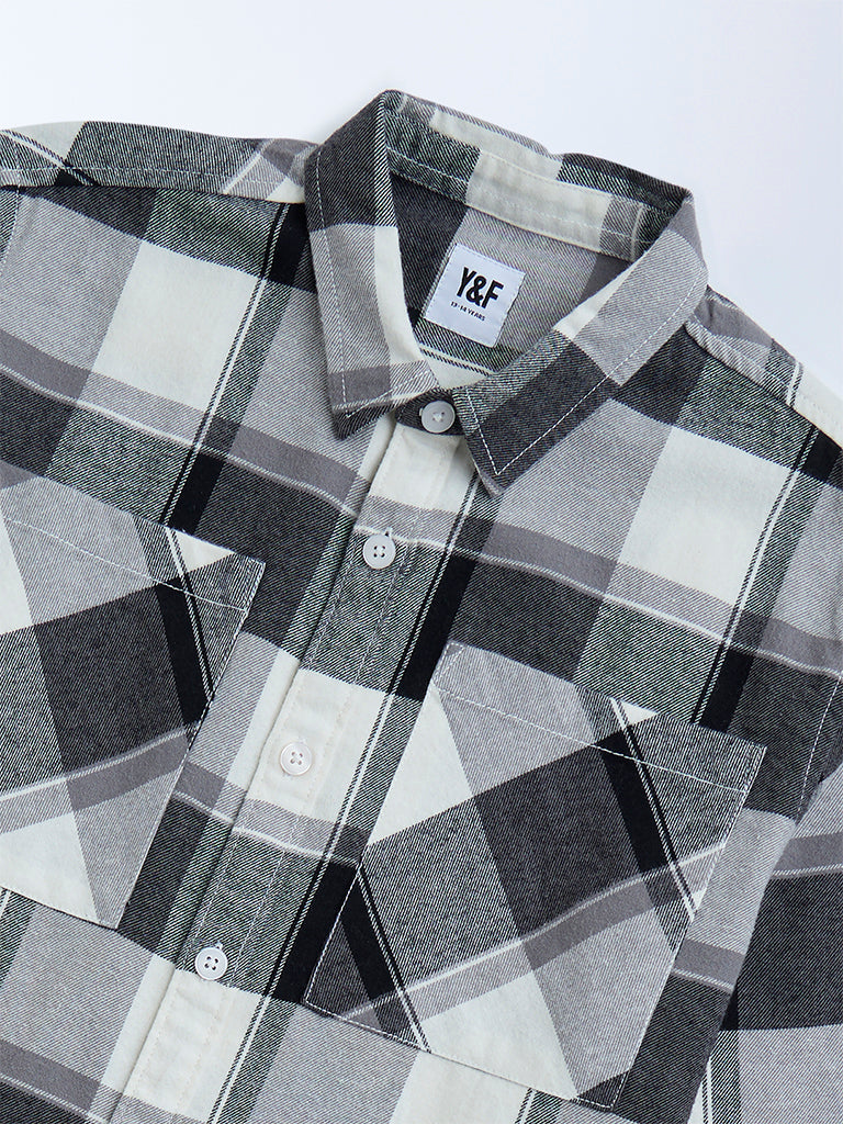 Y&F Kids Black Checkered Resort-Fit Cotton Shirt