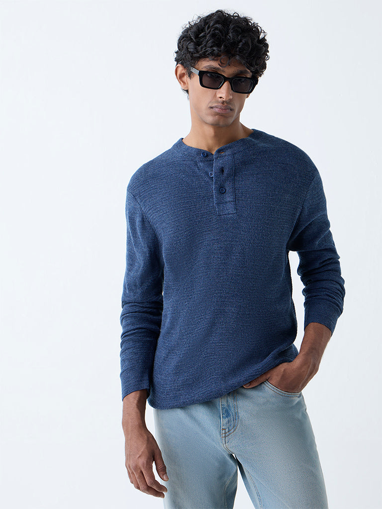 WES Casuals Navy Knitted Relaxed-Fit Henley Sweater