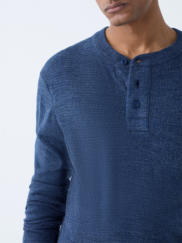 WES Casuals Navy Knitted Relaxed-Fit Henley Sweater