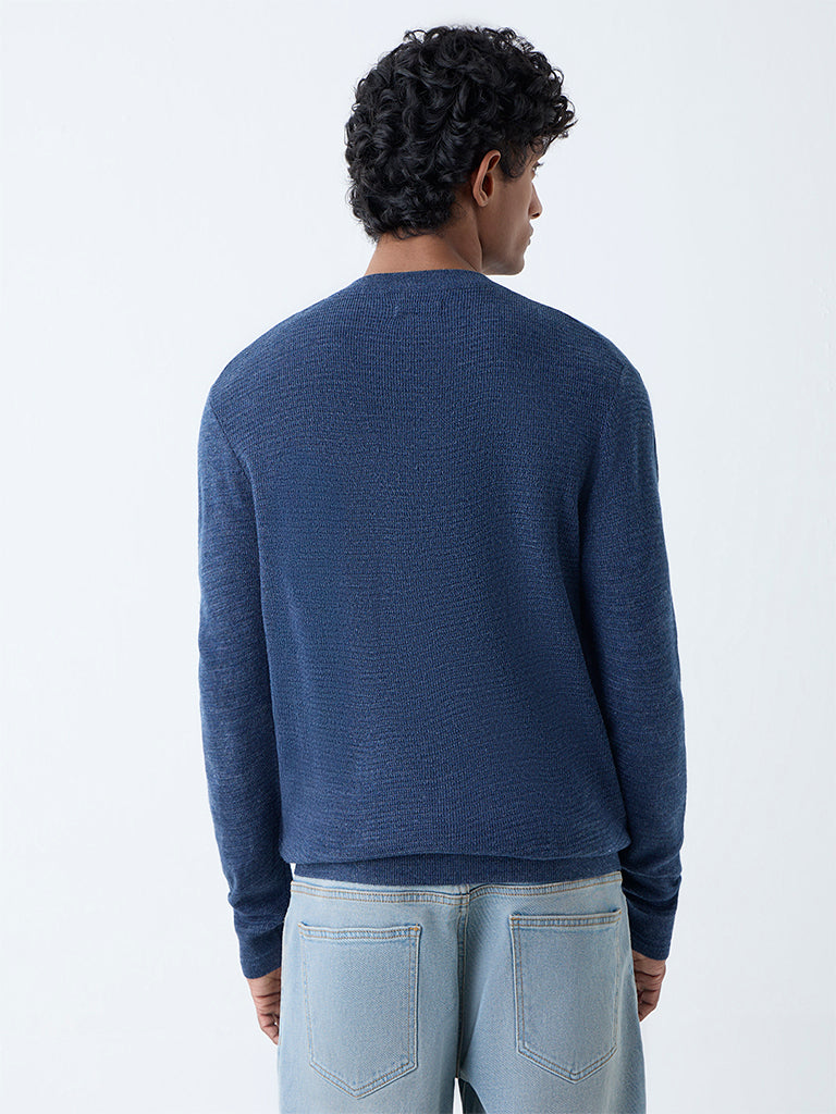 WES Casuals Navy Knitted Relaxed-Fit Henley Sweater