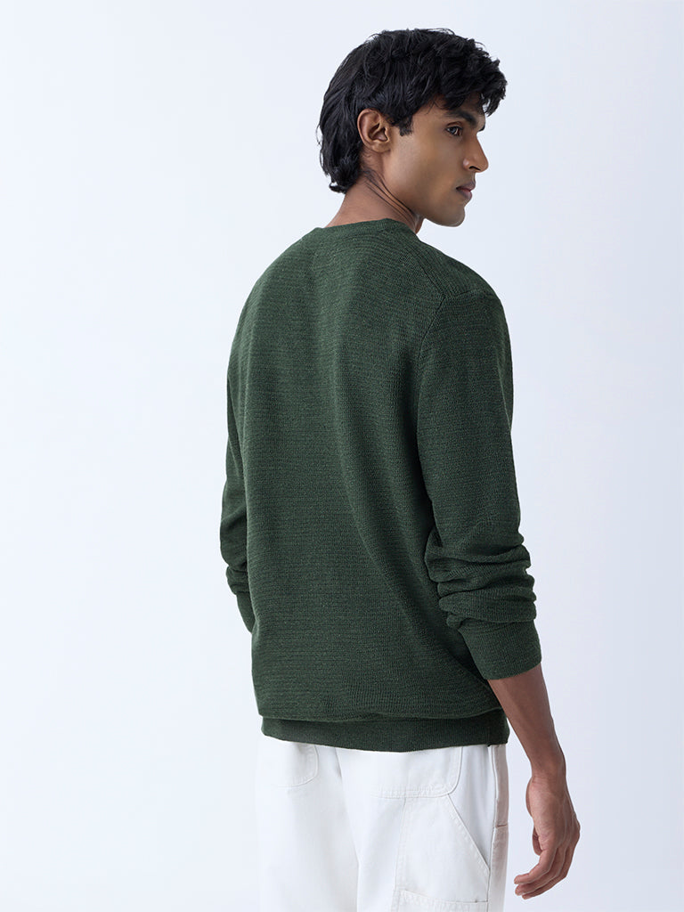 WES Casuals Olive Knitted Relaxed-Fit Henley Sweater