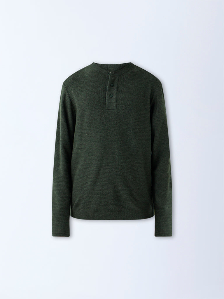 WES Casuals Olive Knitted Relaxed-Fit Henley Sweater