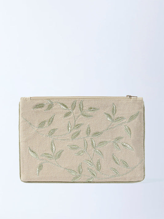 Westside Home Beige Zari Leaf Embroidered Pouch
