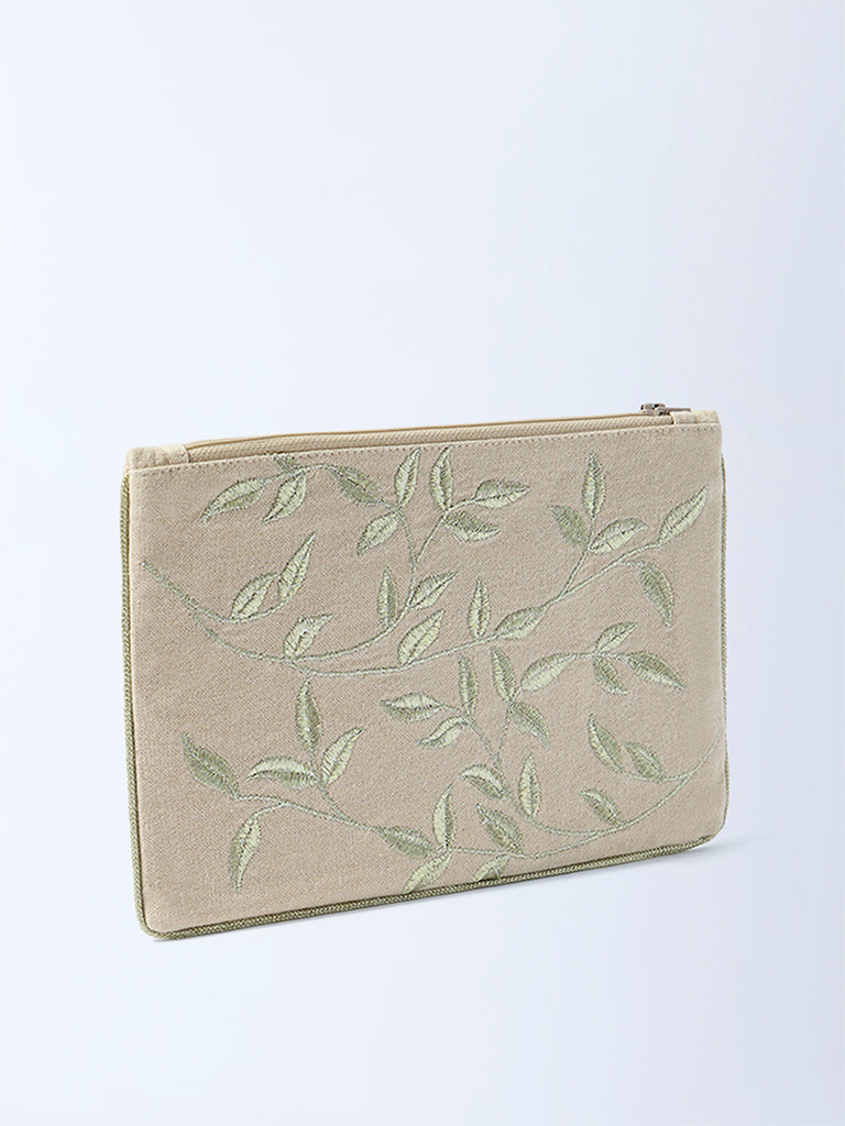 Westside Home Beige Zari Leaf Embroidered Pouch