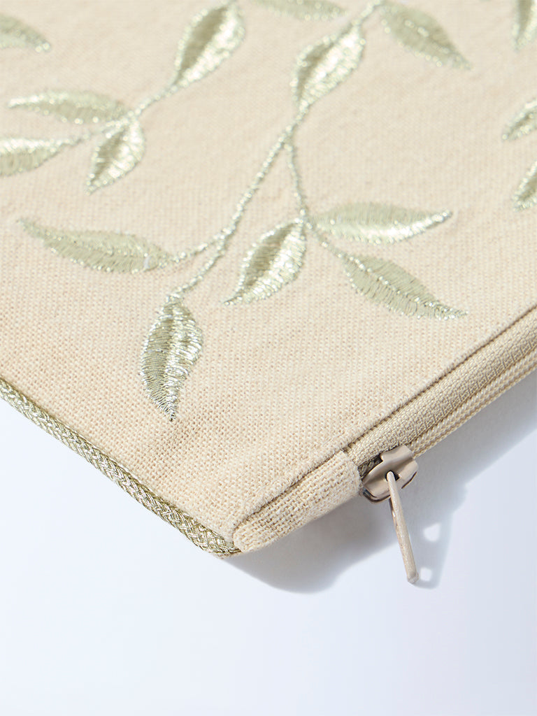 Westside Home Beige Zari Leaf Embroidered Pouch