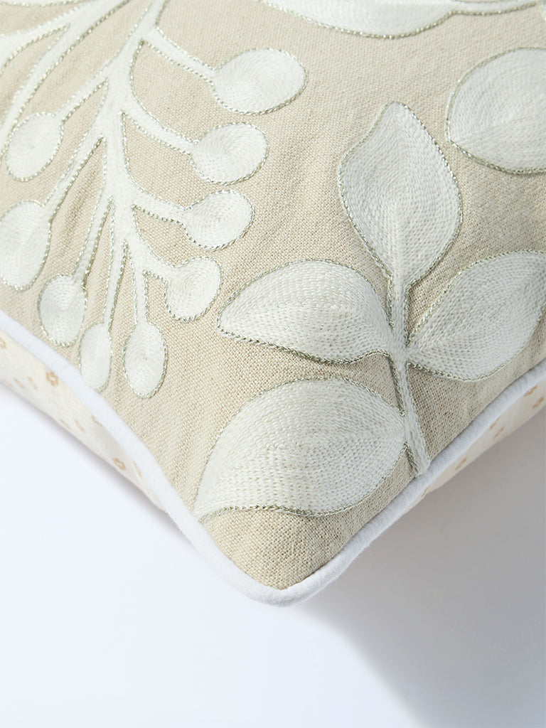 Westside Home Beige Floral Embroidered Cushion Cover