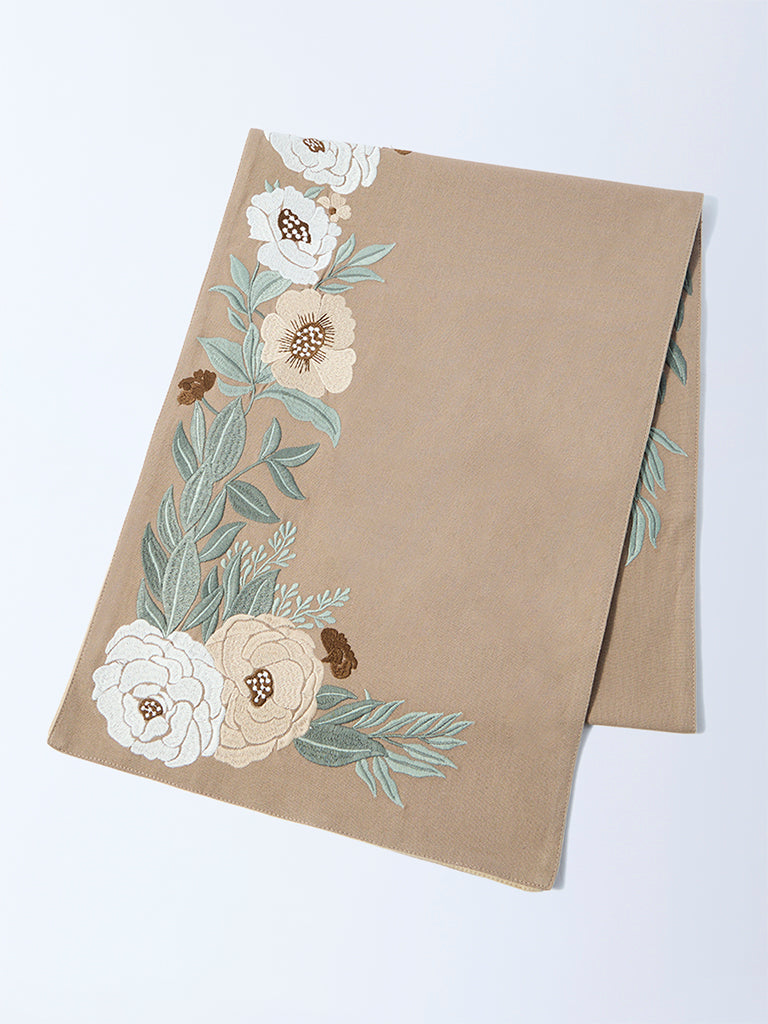 Westside Home Dark Brown Floral Embroidered Table Runner