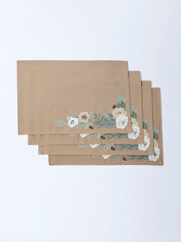 Westside Home Dark Brown Floral Embroidered Placemat (Set of 4)