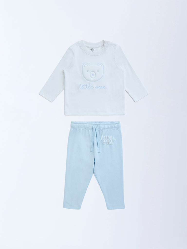 HOP Baby Light Blue Embroidered Cotton T-Shirt and Pants Set