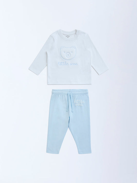 HOP Baby Light Blue Embroidered Cotton T-Shirt and Pants Set