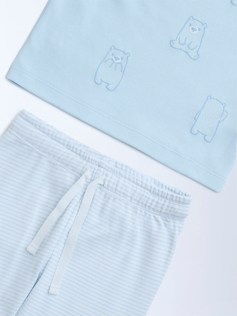 HOP Baby Blue Cotton T-Shirt with Pants Set