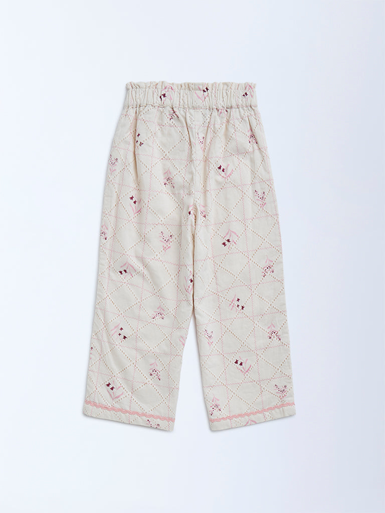 HOP Kids Off-White Embroidered High-Rise Cotton Trousers