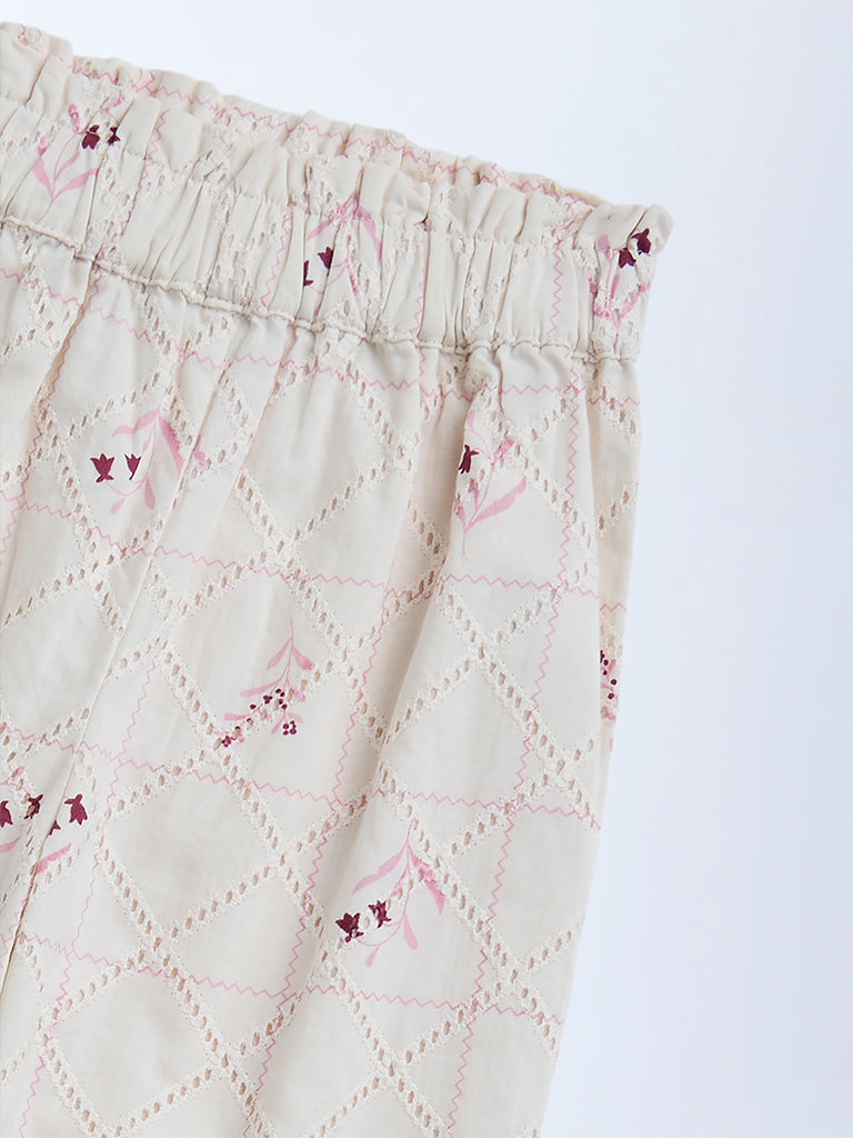 HOP Kids Off-White Embroidered High-Rise Cotton Trousers