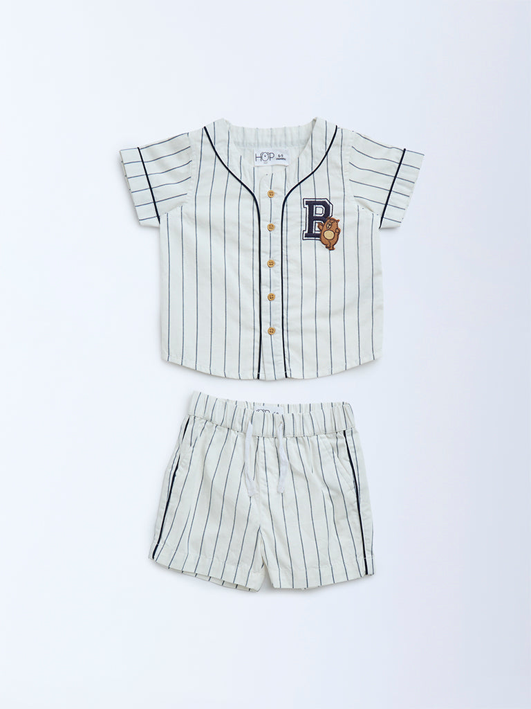 HOP Baby White Striped Cotton Shirt and Shorts Set