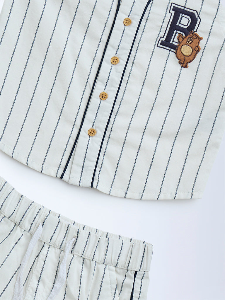 HOP Baby White Striped Cotton Shirt and Shorts Set