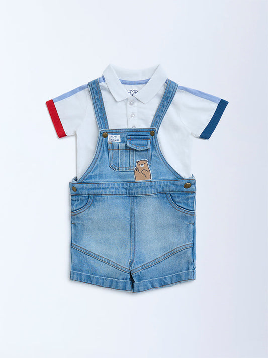 HOP Baby Blue Denim Dungaree with Polo T-Shirt Set