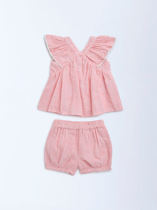 HOP Baby Pink Floral Embroidered Cotton Top and Shorts Set