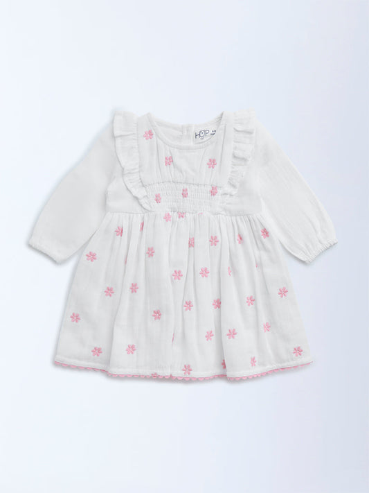 HOP Baby White Floral Embroidered Cotton A-Line Dress