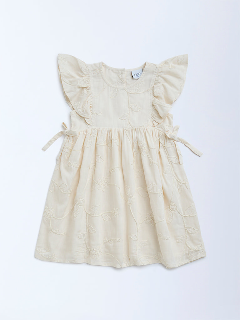 HOP Kids Cream Embroidered Cotton A-Line Dress