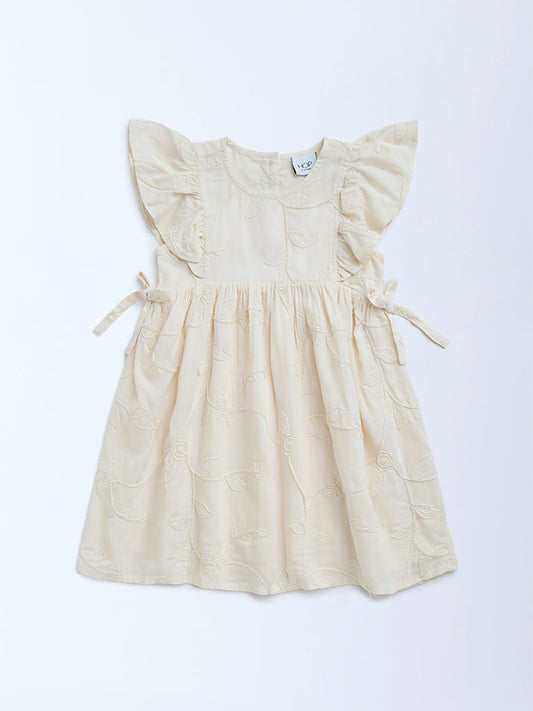 HOP Kids Cream Embroidered Cotton A-Line Dress