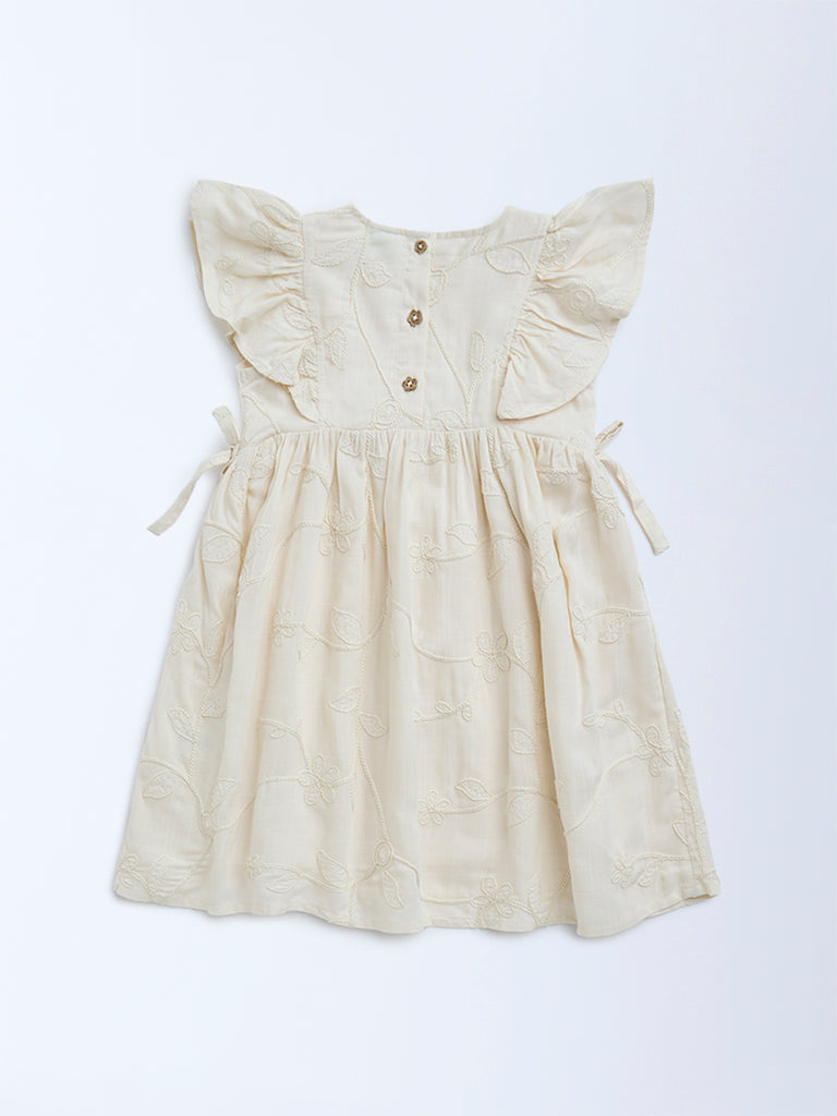 HOP Kids Cream Embroidered Cotton A-Line Dress