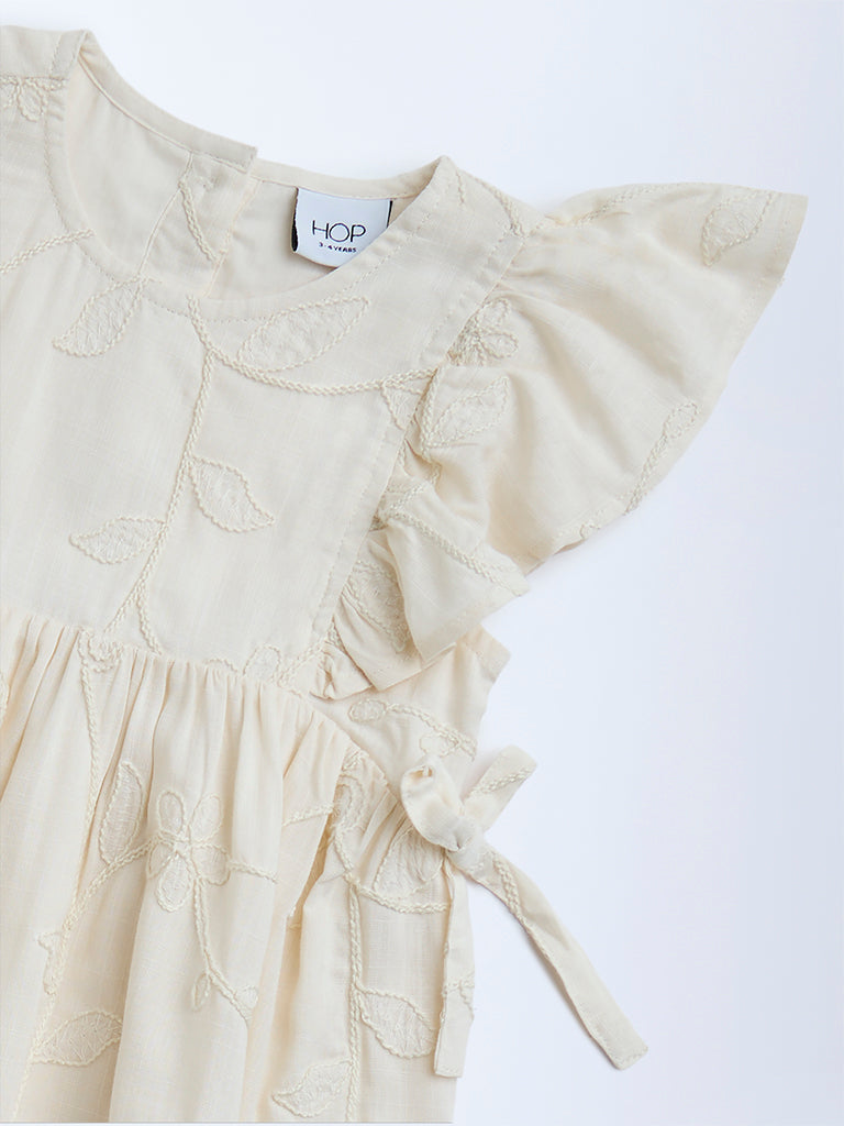 HOP Kids Cream Embroidered Cotton A-Line Dress