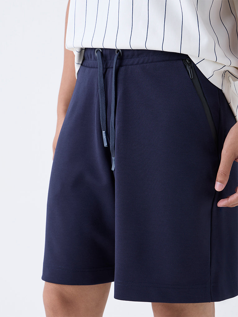 Studiofit Navy Solid Relaxed-Fit Mid-Rise Shorts