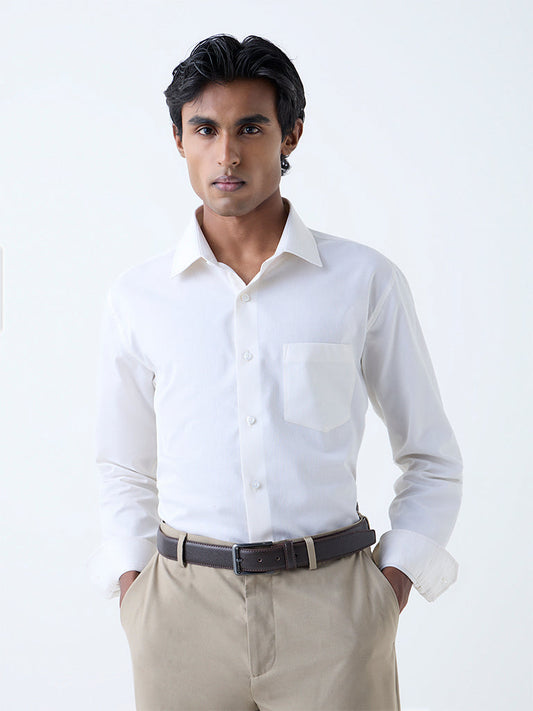 WES Formals Light Yellow Self Striped Relaxed-Fit Cotton Shirt